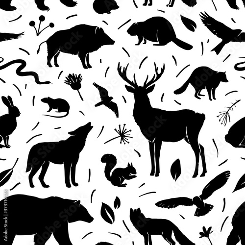Fototapeta Naklejka Na Ścianę i Meble -  Vector silhouette animals seamless pattern. Deer, hare, fox, hedgehog, squirrel, wolf, bear, snake, beaver, raccoon, mouse, wild boar and birds. Black silhouettes animals isolated on white