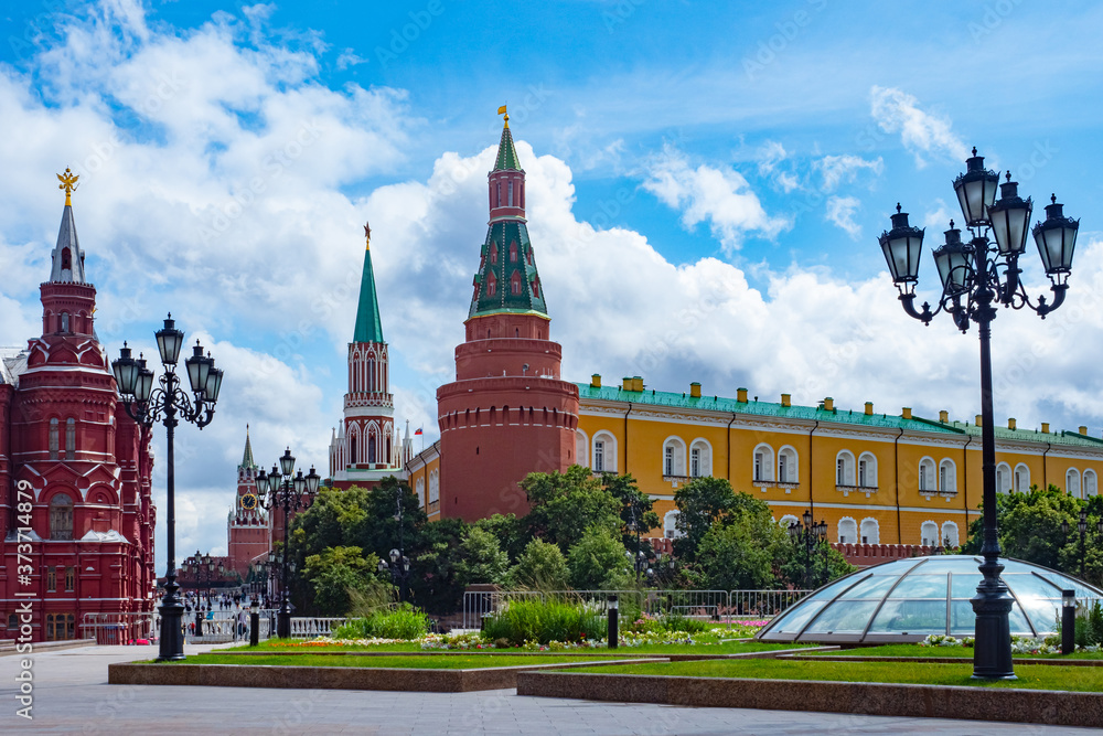 Moscow. Russia. Manege square on a summer day. Panorama of the center of the Russian capital. Kremlin. Historical museum. Lanterns on Manezhnaya square. Cities of Russia. Summer trip to Russia. Moscow. Russia. Manege square on a summer day. Panorama of the center of the Russian capital. Kremlin. Historical museum. Lanterns on Manezhnaya square. Cities of Russia. Summer trip to Russia.