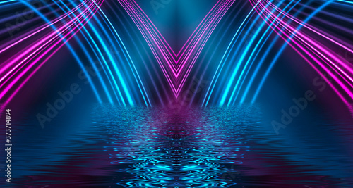 Light neon effect  energy waves on a dark abstract background with neon light  rays. Reflection on the water. 3d illustration.