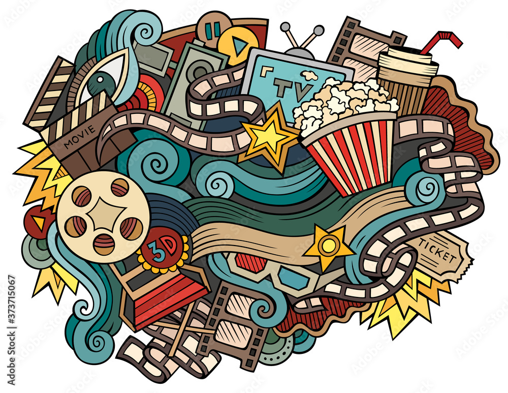 Naklejka premium Cinema hand drawn cartoon doodles illustration. Funny movie design.