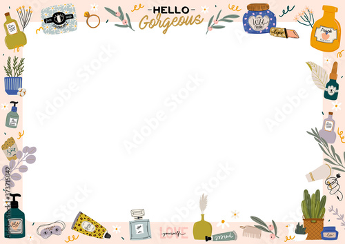 Skincare routine set with natural organic cosmetics products in bottles, jars, tubes for skin in trendy doodle style. Cute motivational and inspirational girl power lettering. Vector illustration