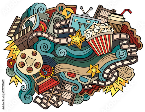 Cinema hand drawn cartoon doodles illustration. Funny movie design.
