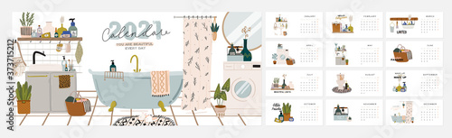Wall calendar. 2021 Yearly Planner with all Months. Good school Organizer and Schedule. Cute home interior background. Motivational quote lettering. Flat vector illustration in trendy style