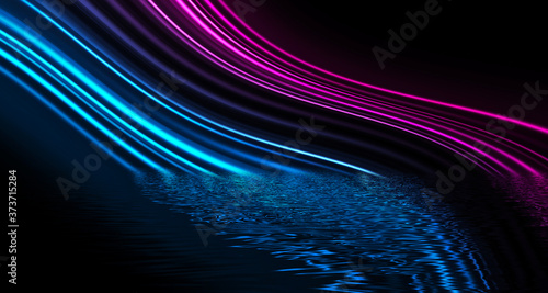 Light neon effect, energy waves on a dark abstract background with neon light, rays. Reflection on the water. 3d illustration.