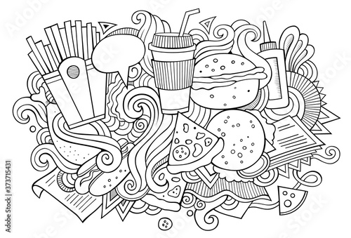 Fastfood hand drawn cartoon doodles illustration. Funny food design