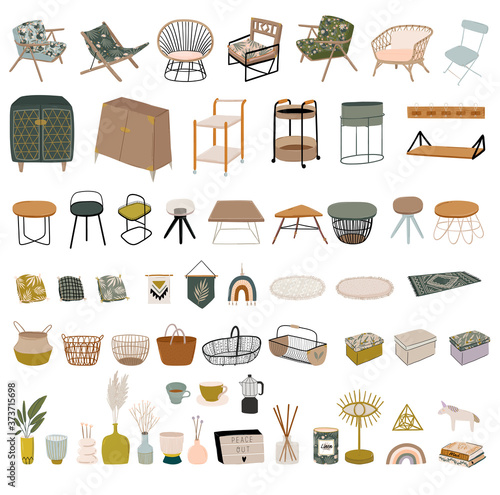 Trendy Scandinavian Interior furniture with home decorations. Cozy Home Garden furnished in Hygge style. Crazy Plant Lady illustration. Isolated Vector