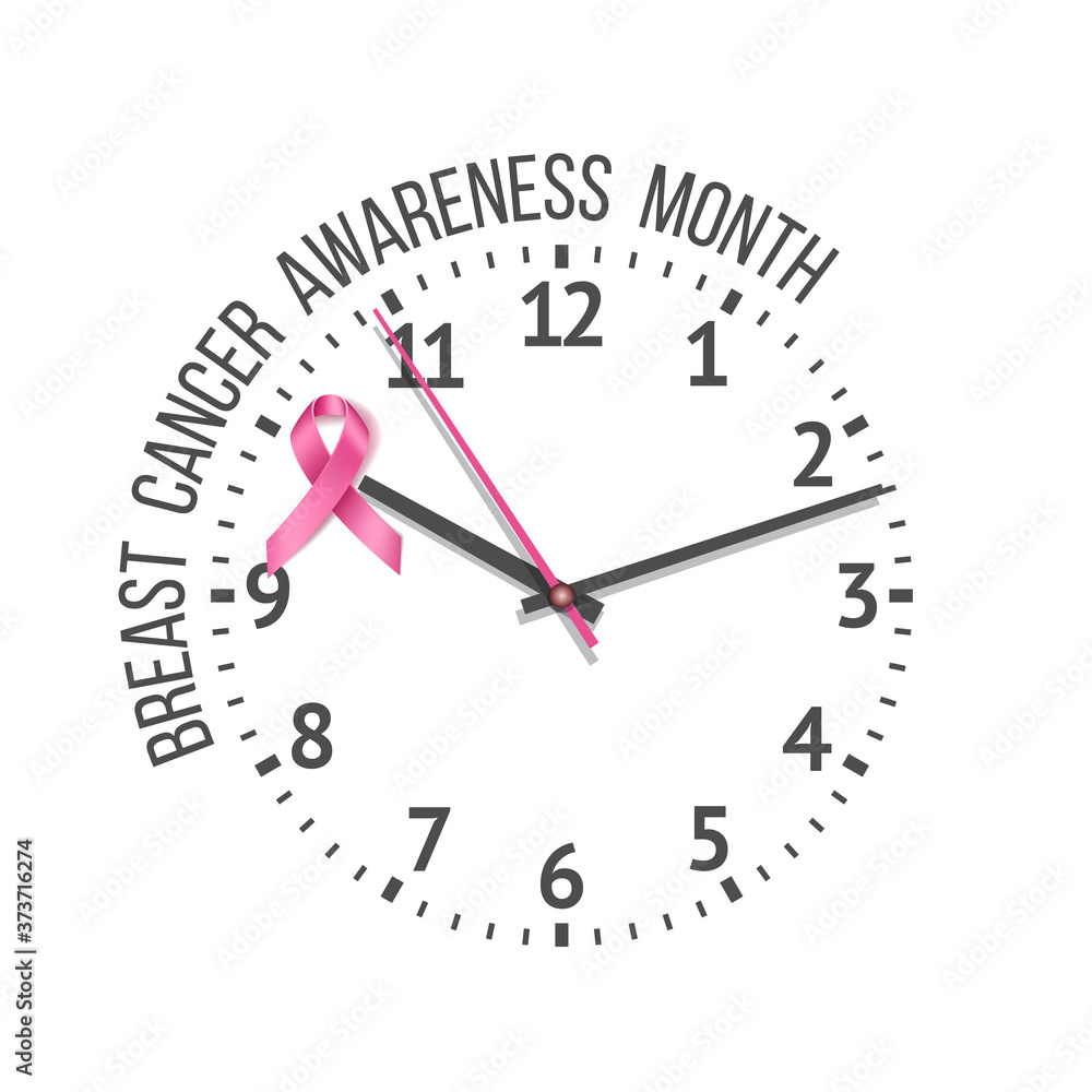 Clock with pink ribbon on clock face. Concept of Breast cancer awareness Clock with pink ribbon on clock face. Concept of Breast cancer awareness