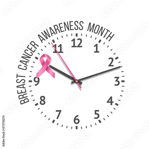 Clock with pink ribbon on clock face. Concept of Breast cancer awareness