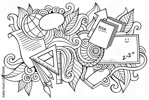 School hand drawn cartoon doodles illustration. Funny education design.