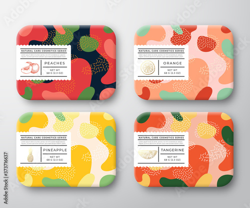 Bath Care Cosmetics Boxes Set. Vector Wrapped Containers Label Cover Collection. Packaging with Hand Drawn Peach, Orange, Tangerine and Pineapple. Abstract Camo Background Pattern Layout.
