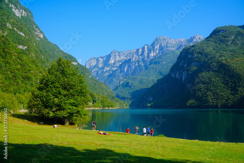 Tableau sur toile The Lago del Mis is lake in Belluno, Veneto, Italy,  looks very beautiful with its green colors