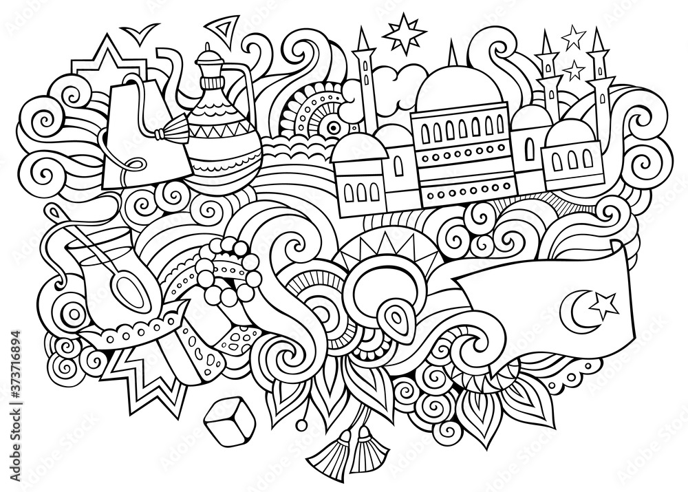 Turkey hand drawn cartoon doodles illustration. Funny travel design