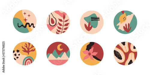 Social media highlights cover. Abstract shapes, flowers, plants in round icons. Collection in flat doodle style, for stories. Vector illustration, isolated on white background. 