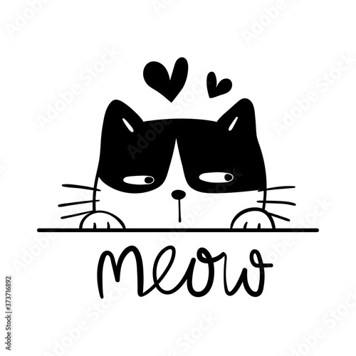 Draw black cat with word meow for cut file on T-shirt.