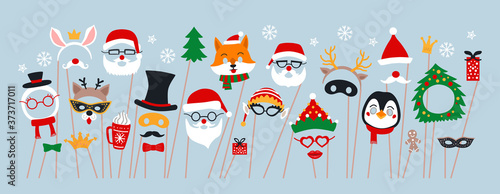 Christmas photo booth props and scrapbooking vector set. Party decoration with Santa, deer, elf, snowman.