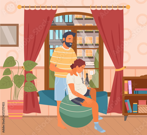 Exercising for pregnant woman sitting on fitness ball. Pregnancy preparing, wife and husband make position training, man massages her back . Female character waiting for childbirth with caring man