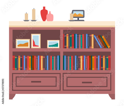 Bookcase with books and vases in room interior. Home library with literature illustration. Furniture and equipment for workplace. Cabinet with drawers and decorative elements, candles, photo frames