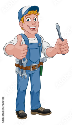 Electrician handyman man handy holding electricians screwdriver tool cartoon construction mascot. Giving a thumbs up. © Christos Georghiou