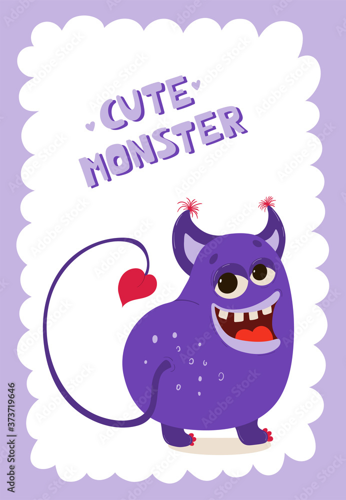 Fototapeta premium Children's poster with funny monster in cartoon style. Cute concept with lettering Cute monster for kids print. Illustration for the design postcard, textiles, apparel. Vector