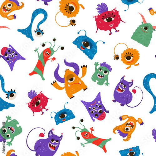 Seamless pattern with funny monsters in cartoon style. Children's background with cute characters for fabric design, Wallpaper, wrapping paper. Vector © Irina Gubanova