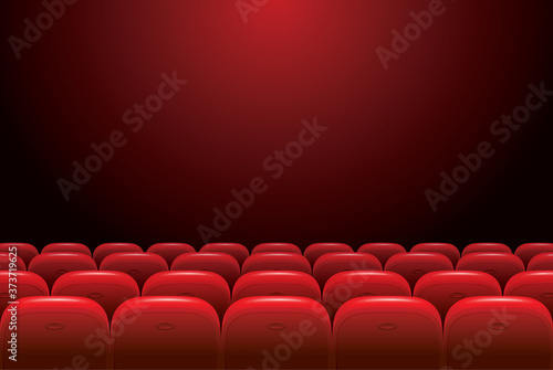 Empty movie theater auditorium with red seats on a dark background. Cinema hall interior vector illustration. Interior auditorium hall theater and cinema