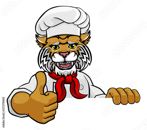 A wildcat chef mascot cartoon character peeking round a sign and giving a thumbs up