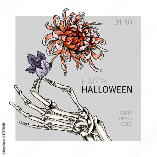 Halloween poster. Vector hand drawn human arm with flower. Detailed chrysantemum botanical drawing. Body parts, bones. Anatomic hands view. Use for greeting card, holiday celebration, flyer design.
