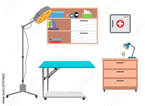 Interior equipment of medical office wooden wall shelf with books and medicines, table with stationery, surgical floor lamp and table. Set of furniture of examination or medical check up interior room