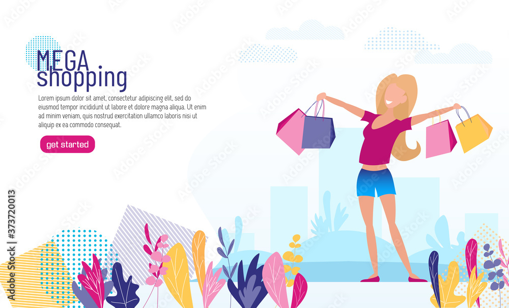 Flat banner template for online store. Happy girl with a purchase. The landing page offers to buy. Flat banner template for online store. Happy girl with a purchase. The landing page offers to buy.