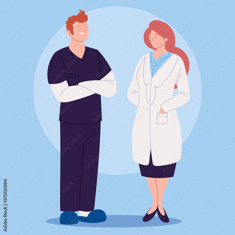healthcare workers, doctor female and nurse male healthcare workers, doctor female and nurse male