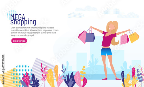 Flat banner template for online store. Happy girl with a purchase. The landing page offers to buy.