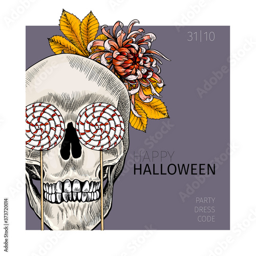 Halloween poster. Vector hand drawn human skull with leaf crown and candy eyes. Detailed drawing. Body parts, bones. Anatomic hands view. Use for greeting card, holiday celebration, flyer design.