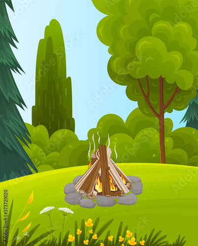 Summer holiday, camping place in forest with bonfire. Campfire on green glade with plants and bushes. Campsite surrounded by trees in tourist camp. Adventure time, camping trip, eco picnic in vacation