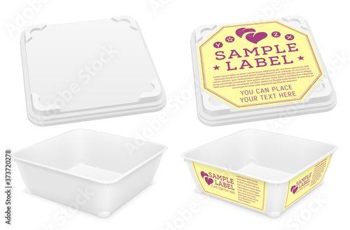 Vector open empty square plastic container with motionless locking system. Packaging mockup illustration.