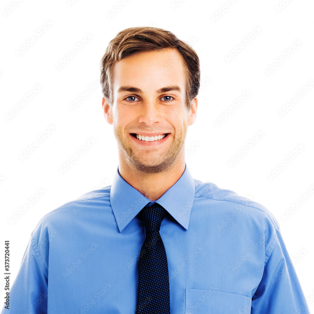 Portrait image of happy smiling young businessman looking at camera, isolated against white background. Handsome man in blue confident clothing at studio. Studio composition picture. Portrait image of happy smiling young businessman looking at camera, isolated against white background. Handsome man in blue confident clothing at studio. Studio composition picture.