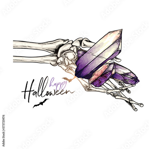 Halloween poster. Vector hand drawn human arm with quarts gemstone. Detailed anatomical hand bone drawing. Body parts. Traditional Halloween decor. For greeting card, holiday celebration, flyer design