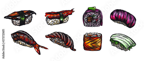 A large set of sketches of rolls and sushi in the artline style. High drawing of details and elements.Chinese sticks, wasabi, rolls, sushi, sashimi, ginger.