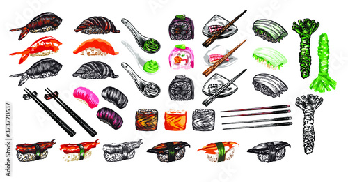 A large set of sketches of rolls and sushi in the artline style. High drawing of details and elements.Chinese sticks, wasabi, rolls, sushi, sashimi, ginger.
