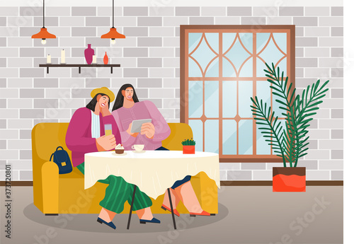 Girls friends meeting in restaurant, women eat cakes with coffee. Young woman girlfriends making video for social media, taking selfie photo on smartphone, serfing internet while sitting in cafe