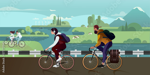 Bicycle Touring. Flat graphic vector illustration.