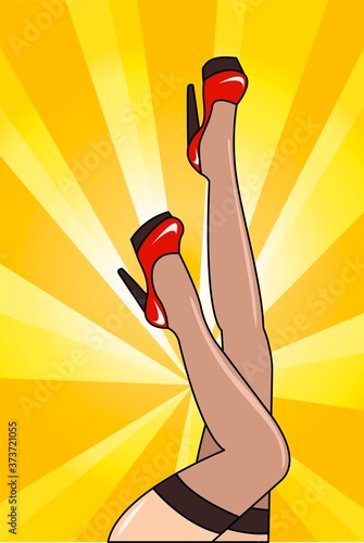 Creative retro vintage fashion conceptual vector illustration. Pin up woman legs hips wearing stockings and high heels.