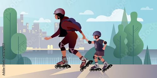 A young mother and her little son are rollerblading along the city embankment, holding hands. Flat graphic vector illustration.
