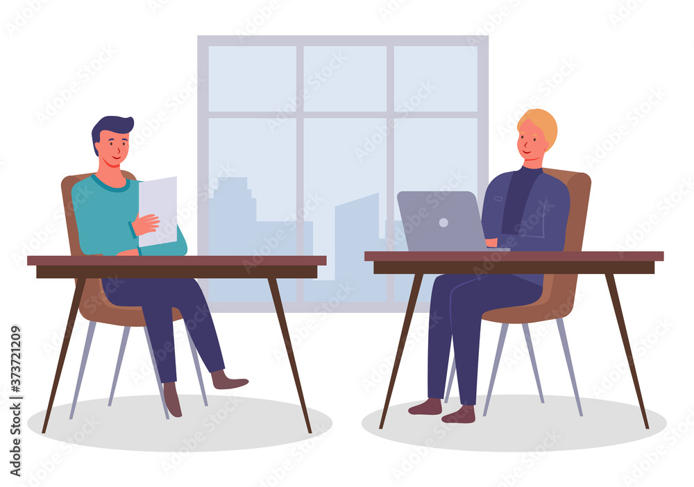 Businessmen dressed in formal clothes are sitting at the table with laptop and talking. Office workers discussing matters. Business meeting and consideration of working issues. Friendly team work Businessmen dressed in formal clothes are sitting at the table with laptop and talking. Office workers discussing matters. Business meeting and consideration of working issues. Friendly team work