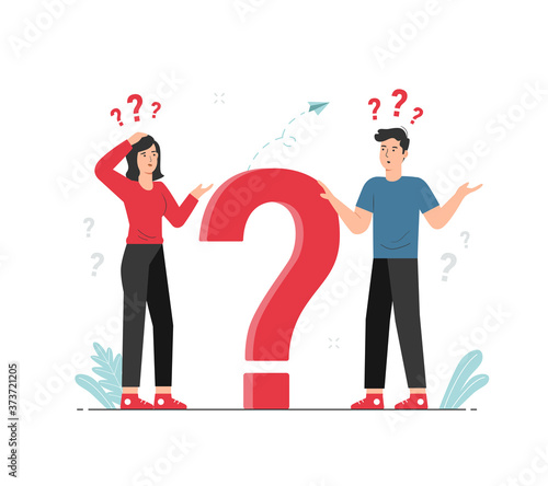 Man and woman thinking with big question mark. Doubts, problem, curious, confused. Questions concept illustration