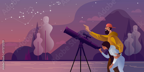 Young couple on vacation in the mountains looks through a telescope at the constellation Hydra. Flat graphic vector illustration.