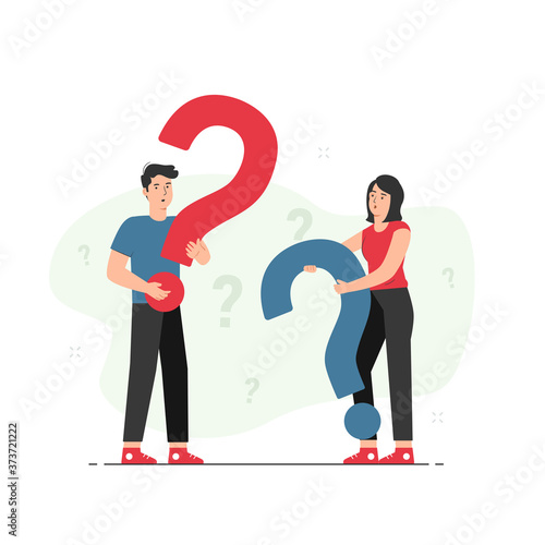 Man and woman holding question mark. Doubts, curious, thoughts, confused, problem. Questions concept illustration