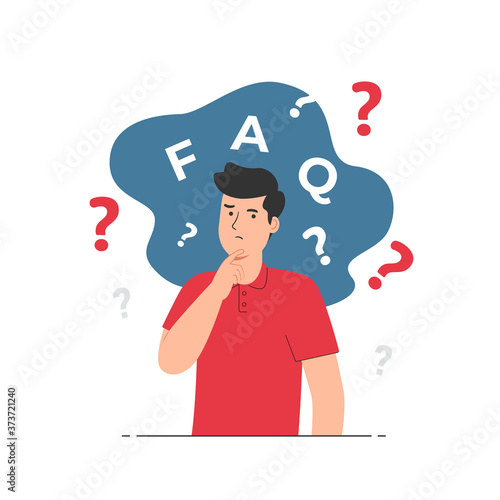 Thinking man with question mark. Confused, doubts, curious, problem. Frequently Asked Questions (FAQ) concept