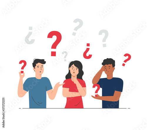 People holding question mark. Doubts, curious, thoughts, confused, problem. Questions concept illustration
