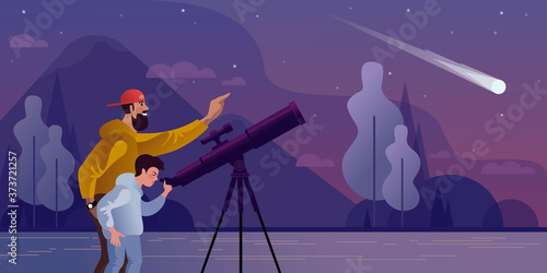 Dad and son watch a comet fall through a telescope. Flat vector illustration.