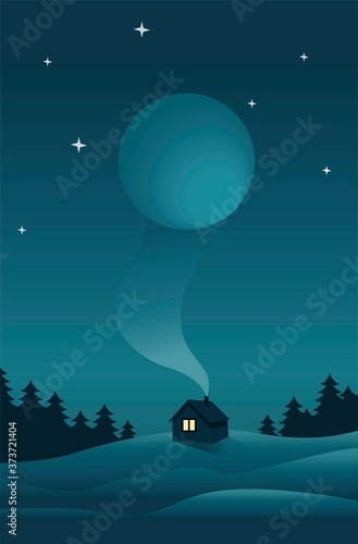 Creative concept vector illustration lonely cabin house in the night on european woods forest  background.